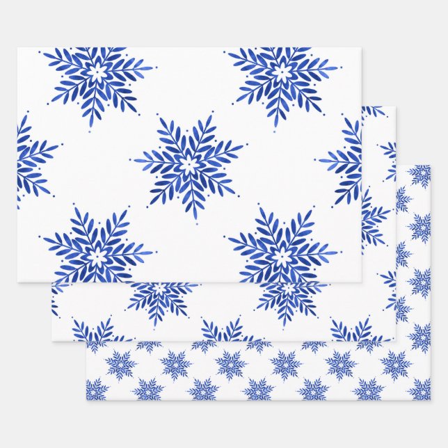 Indigo Blue Watercolor Snowflake Pattern   Wrapping Paper Sheet (Set)