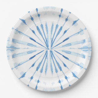 Indigo blue watercolor sunburst shibori pattern  paper plate
