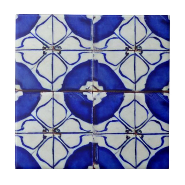 Indigo blue white geometric art moroccan mosaic tile (Front)