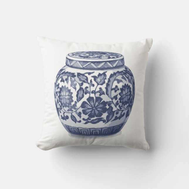 Indigo Blue White Hamptons Ginger Jar Vase Print Throw Pillow (Front)