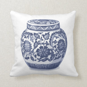 Indigo Blue White Hamptons Ginger Jar Vase Print Throw Pillow