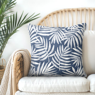 Indigo Blue & White Palm Leaf Throw Pillow