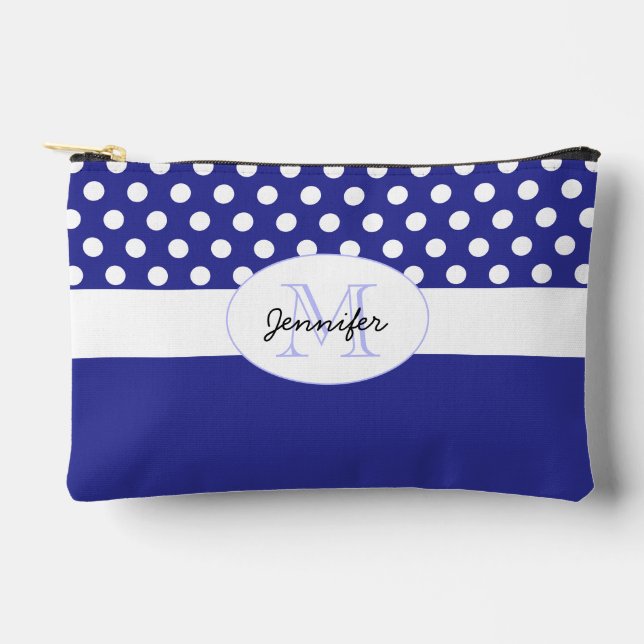 Indigo blue White polka dot retro pattern Monogram Accessory Pouch (Front)