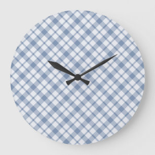 Indigo Blue, White Preppy Checks Round Wall Clock