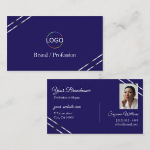 Indigo Blue with Silver Lines Logo and Photo Business Card