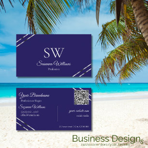 Indigo Blue with Silver Lines Monogram and QR Code Business Card
