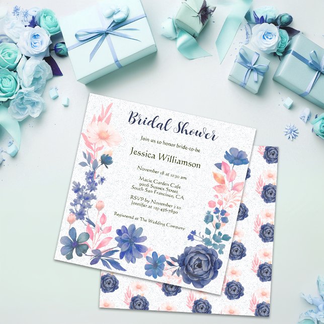 Indigo Blush Florals Bridal Shower Customize Invitation (Creator Uploaded)