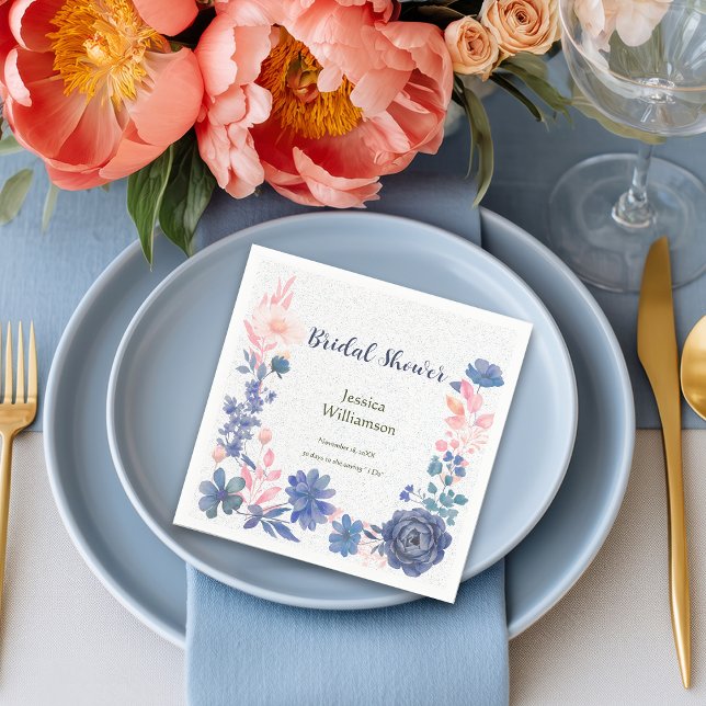 Indigo Blush Florals Bridal Shower Customize Napkin (Creator Uploaded)