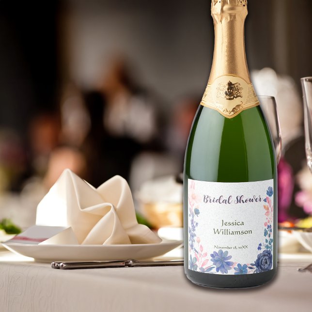 Indigo Blush Florals Bridal Shower Customize Sparkling Wine Label (Creator Uploaded)