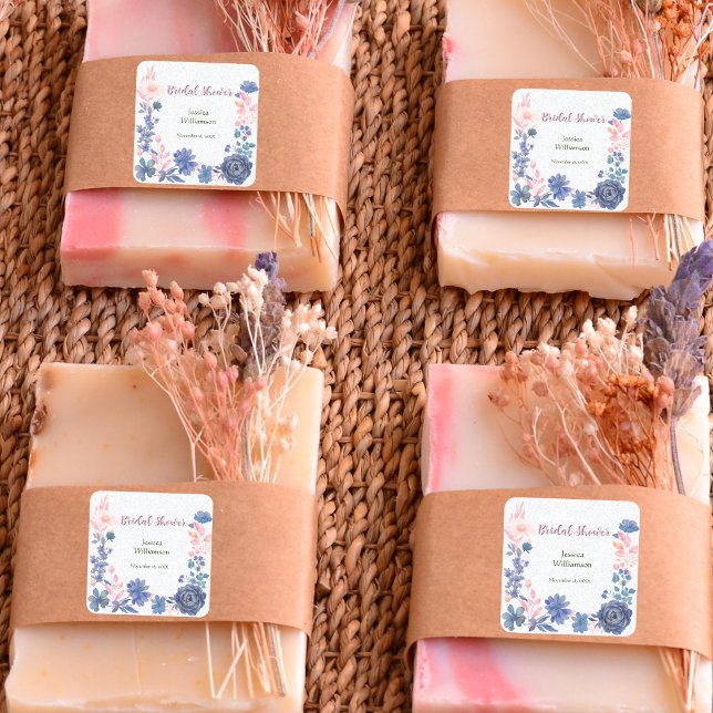 Indigo Blush Florals Bridal Shower Customize Square Sticker (Creator Uploaded)