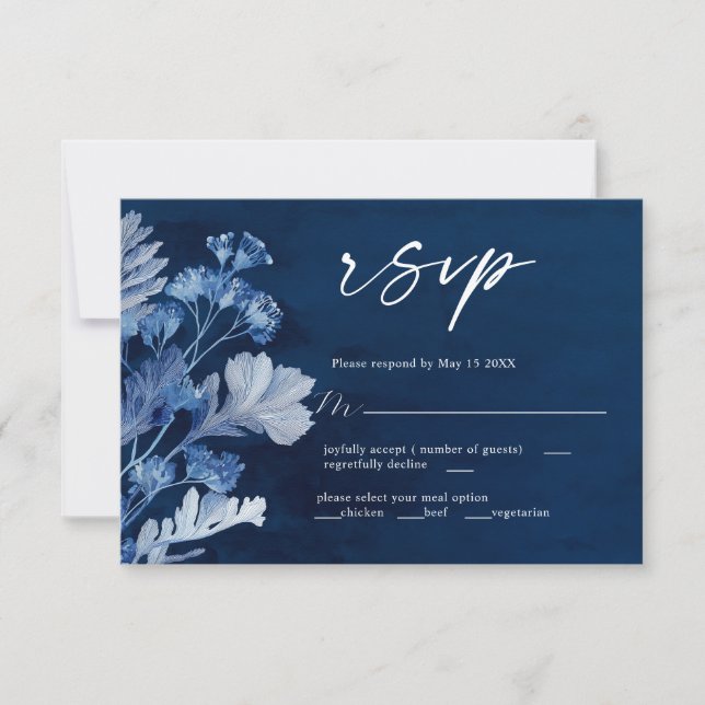 Indigo Botanical Blue Wedding Carte RSVP (Devant)