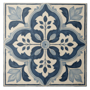Indigo Botanical Quatrefoil Ornament Tile