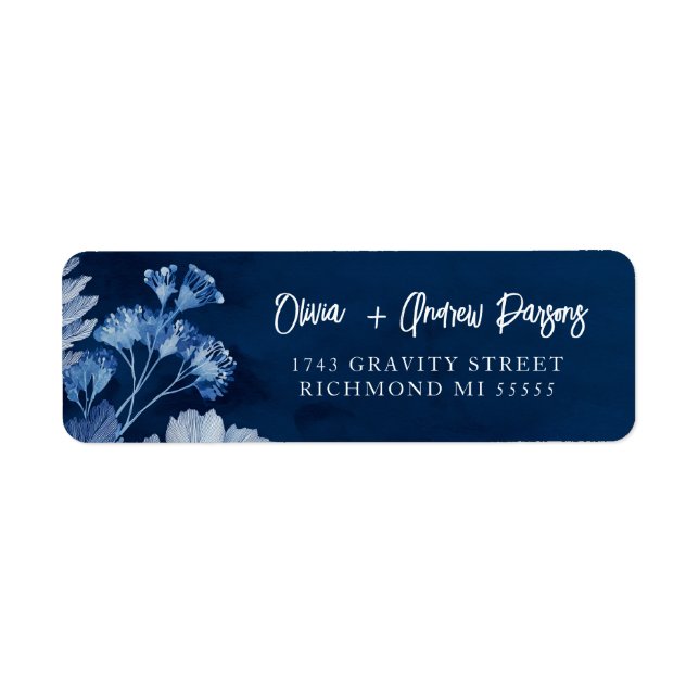 Indigo Botanical watercolor Script Address Label (Front)