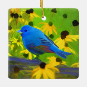 Indigo Bunting Painting - Original Bird Art Ceramic Ornament