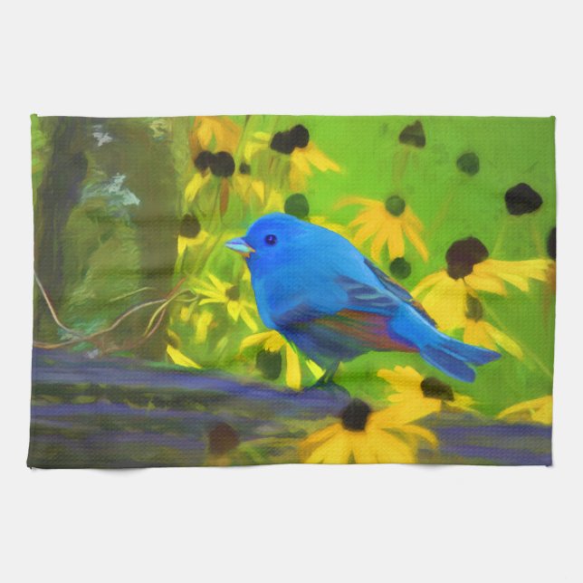 Indigo Bunting Painting - Original Bird Art Kitchen Towel (Horizontal)