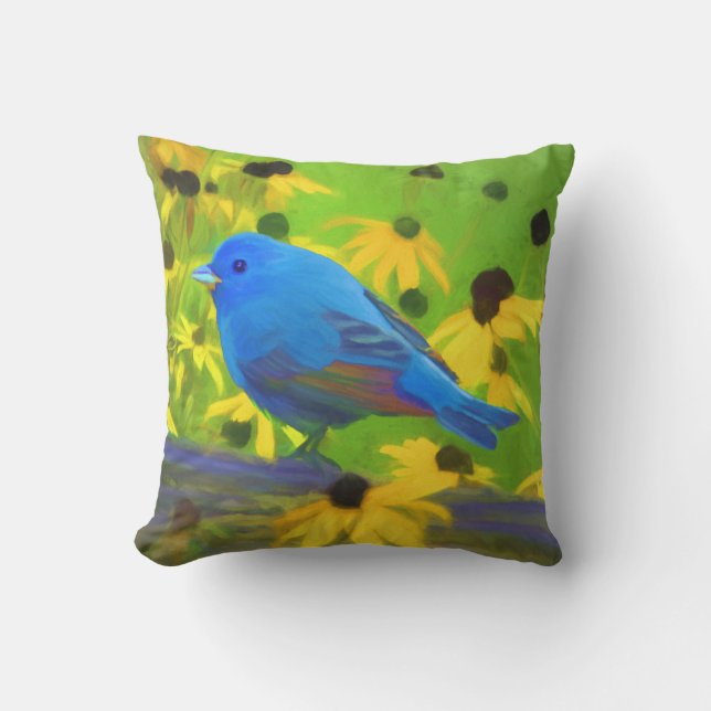Indigo Bunting Painting - Original Bird Art Outdoor Pillow (Front)