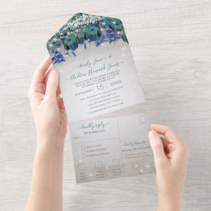 Indigo Bunting Peacock Fairy Lights Wedding All In One Invitation