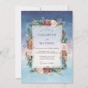 Indigo Burgundy Ranunculus Eucalyptus Wedding Invitation