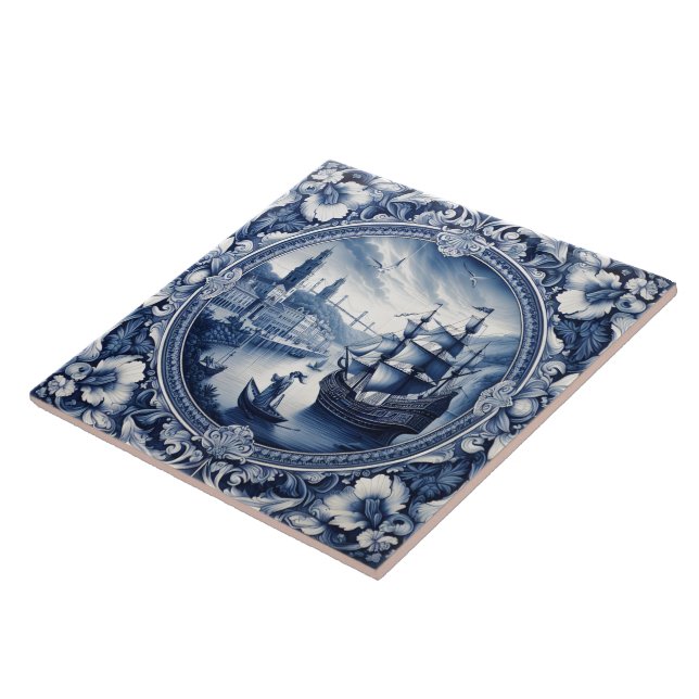 Indigo Carreaux bleus Montrer la scène maritime (Côté)