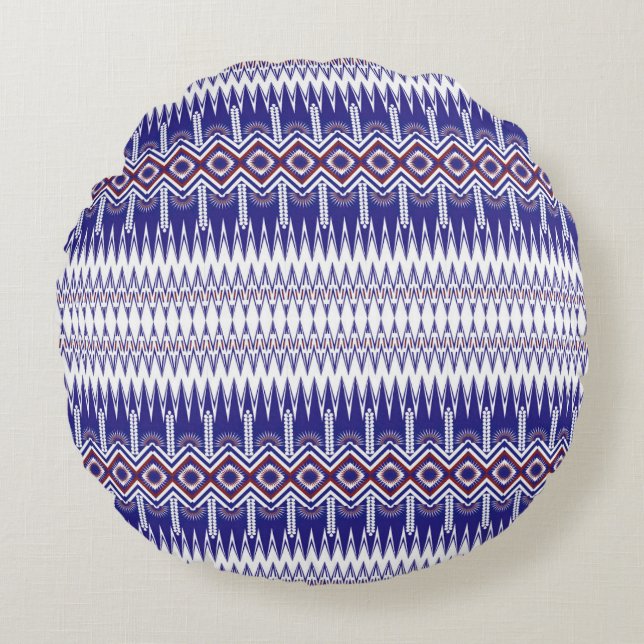 Indigo cloth with images of colourful flowers that round pillow (Front)