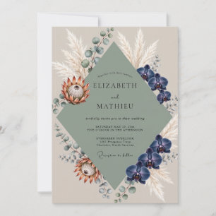 Indigo Copper Protea Eucalyptus Wedding Invitation