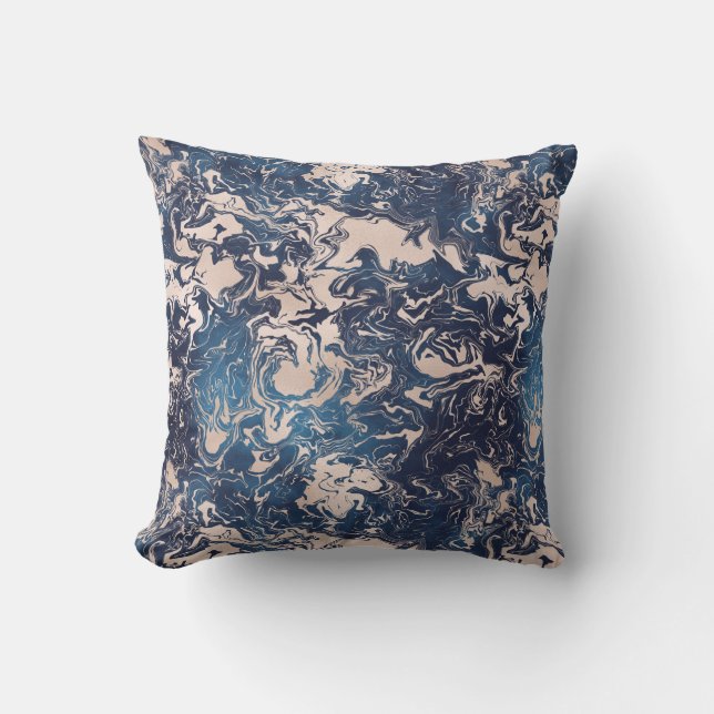 Indigo Cream Marble Pattern Indigo Glitter Reverse Throw Pillow (Front)