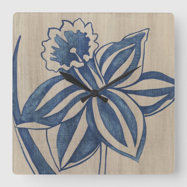 Indigo Daffodil Square Wall Clock (Front)