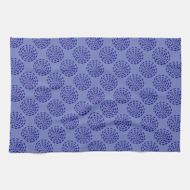 Indigo dark blue striped circle pattern on blue kitchen towel (Horizontal)