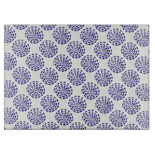 Indigo dark blue striped circle pattern on white cutting board