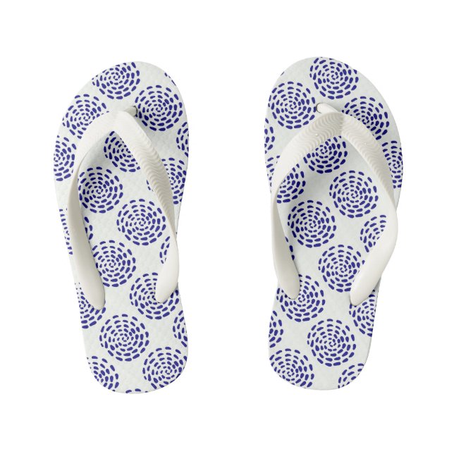 Indigo dark blue striped circle pattern on white kid's flip flops (Footbed)