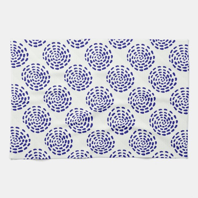 Indigo dark blue striped circle pattern on white kitchen towel (Horizontal)