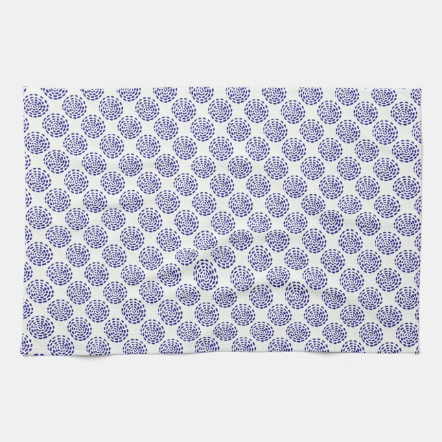 Indigo dark blue striped circle pattern on white kitchen towel (Horizontal)