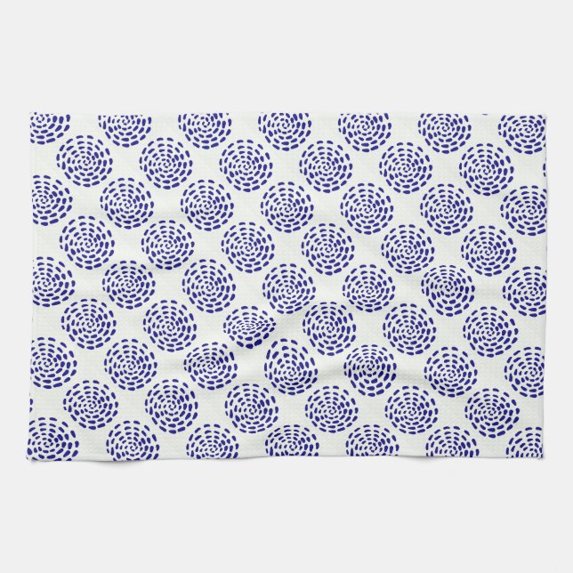 Indigo dark blue striped circle pattern on white kitchen towel (Horizontal)