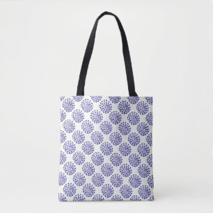 Indigo dark blue striped circle pattern on white tote bag