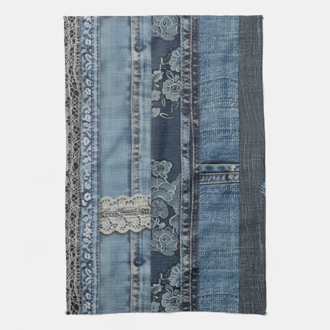 Indigo Denim Lace Stripe Pattern Kitchen Towel (Vertical)