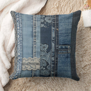 Indigo Denim Lace Stripe Pattern Throw Pillow