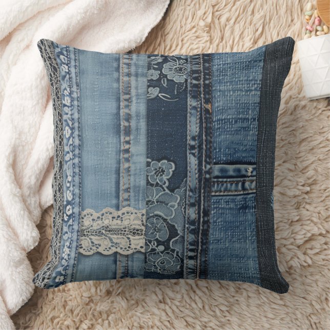 Indigo Denim Lace Stripe Pattern Throw Pillow (Blanket)
