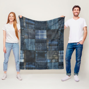 Indigo Denim Patchwork Seamless Pattern Fleece Blanket