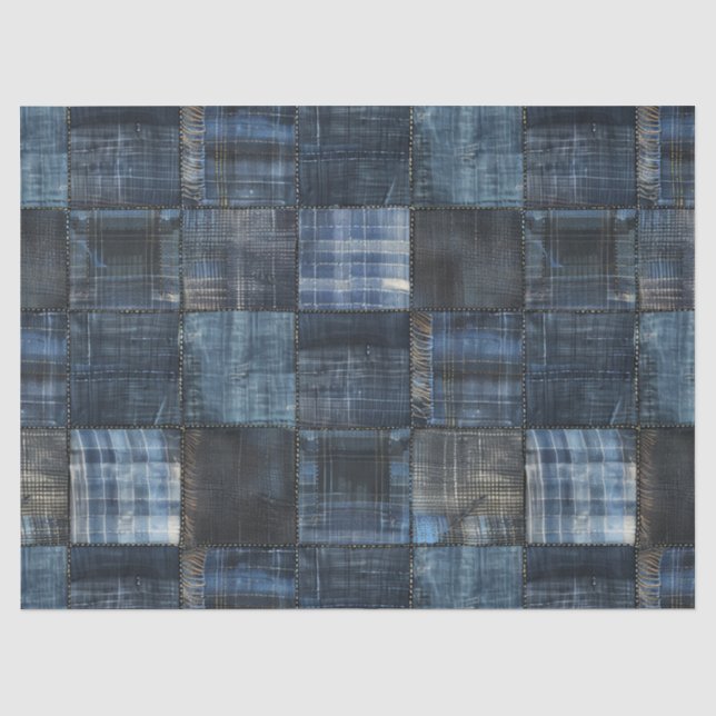 Indigo Denim Patchwork Seamless Pattern Tissue Paper (Front)