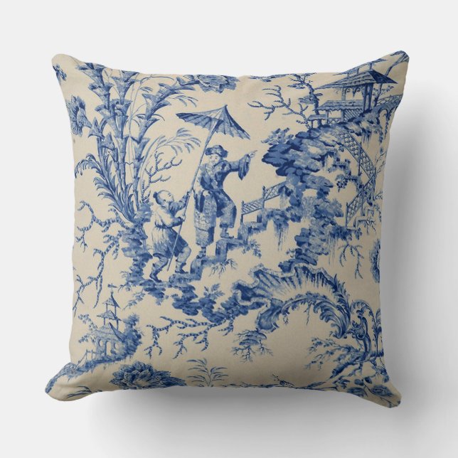 Indigo Designer Toile Pillow (Front)