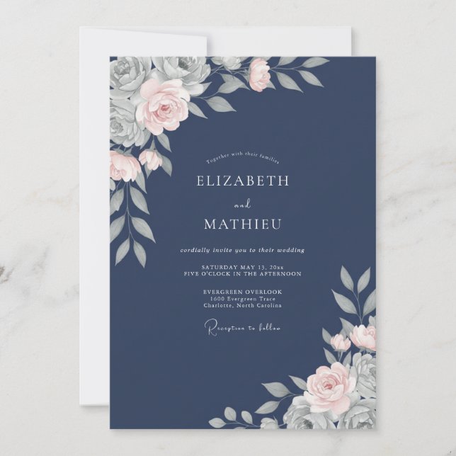 Indigo Dusty Pink Petal Wedding Invitation (Front)