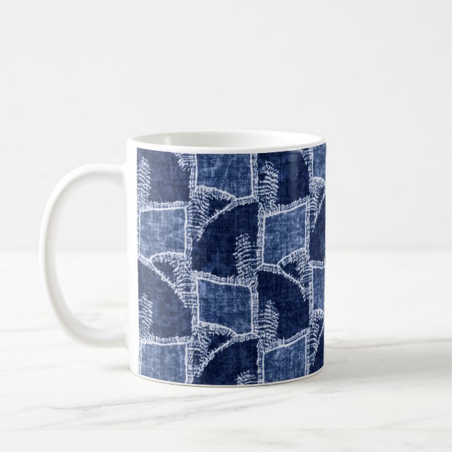 Indigo-Dyed Effect Textured Checked Patchwork Grap Coffee Mug (Left)