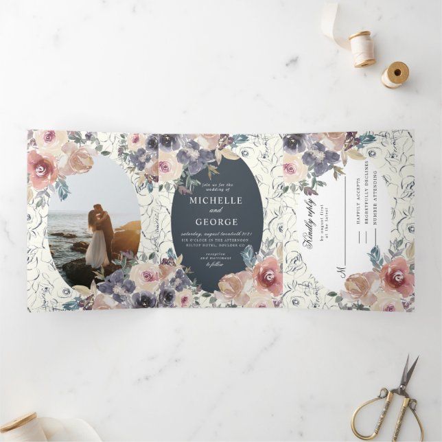 indigo faire-part de mariage à trois plis floral (Intérieur)