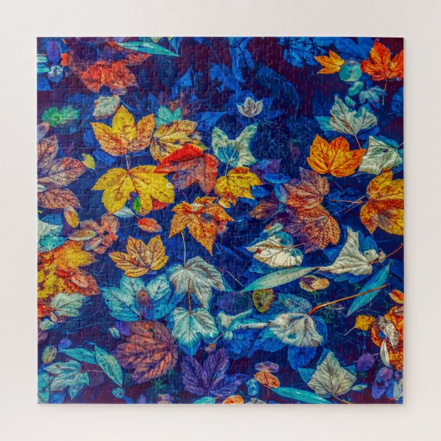 Indigo fall leaves swirl pattern jigsaw puzzle (Vertical)