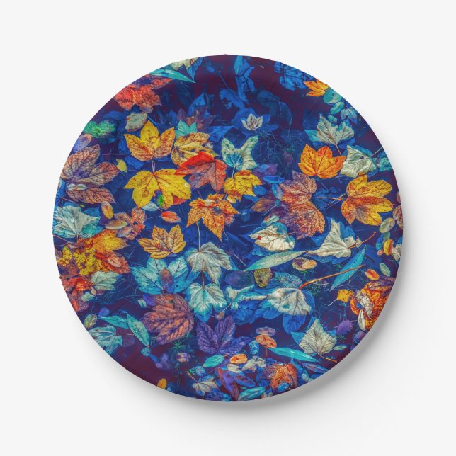 Indigo fall leaves swirl pattern paper plate (Front)