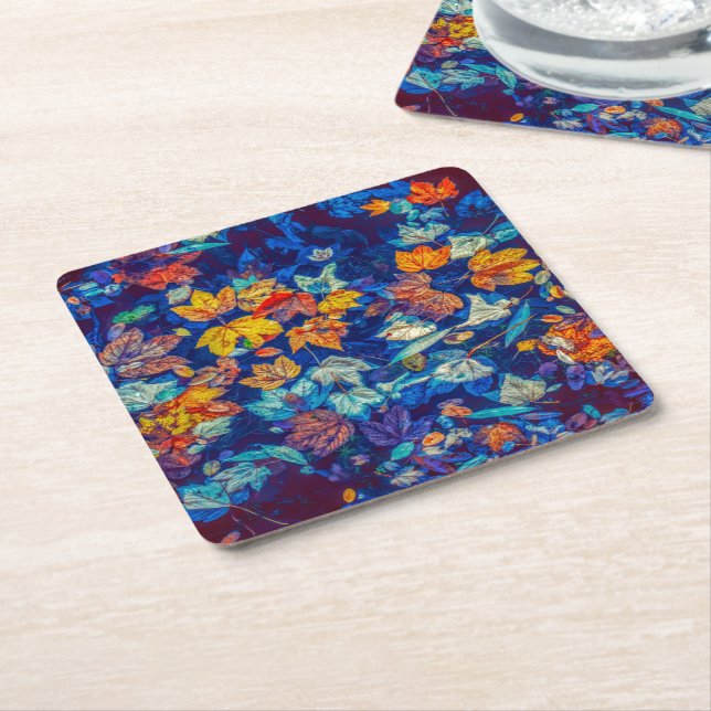 Indigo fall leaves swirl pattern square paper coaster (Angled)
