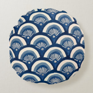 Indigo Fan Waves Round Pillow
