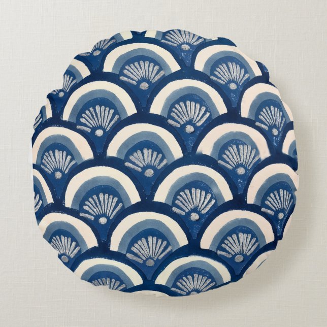 Indigo Fan Waves Round Pillow (Front)