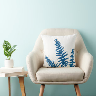 Indigo Fern White Plant Botanical Painting Throw Pillow