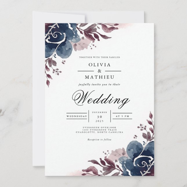 Indigo Floral Flourish Wedding Invitation (Front)